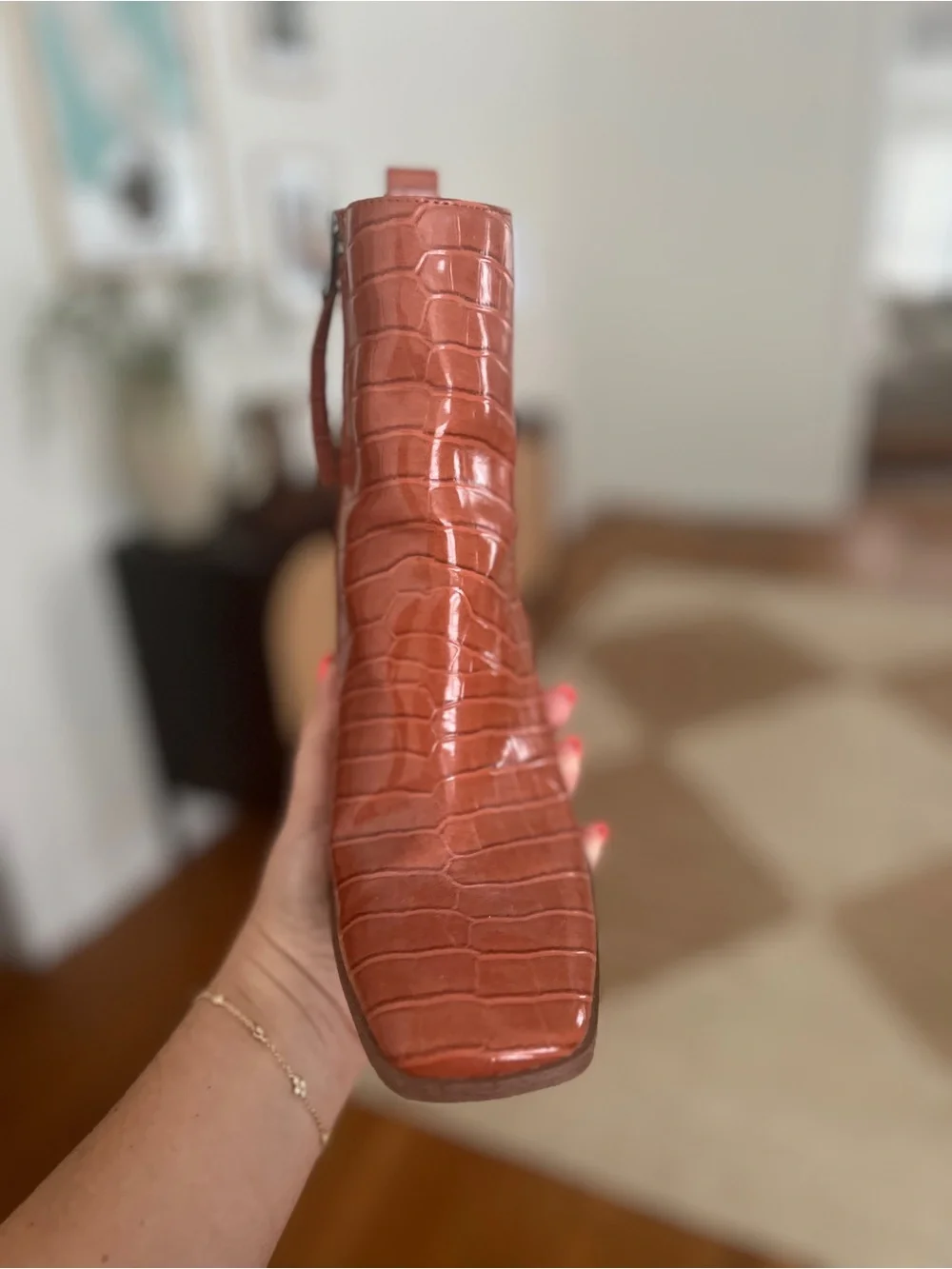 Women's Croc-Embossed Block Heel Ankle Boots - Rust